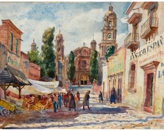 1157 Emil Kosa, Jr. (1903-1968) "The Little Market" Watercolor and traces of pencil on Arches paper Signed lower right: E Kosa Jr; signed and titled on the frame's paper backing: E. Kosa Jr; titled again on a gallery label affixed to the frame's backing paper 22" H x 29.5" W Estimate: $1,500 - $2,000