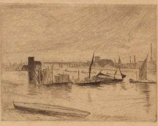 1071 James McNeill Whistler (1834-1903) "Battersea Dawn (Cadogan Pier)," circa 1863 Etching and drypoint in black ink on light-golden, thin, laid, Japan paper From the combined total of 61 known impressions in two states; second (final) state With the artist's signature showing faintly in the lower left plate corner: Whistler Plate: 4.5" H x 6" W; Sheet: 6.25" H x 8.625" W Estimate: $600 - $800