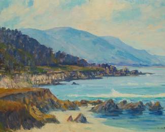 1080 Elizabeth Strong (1855-1941) "Monastery Beach Hills, Monterey, California," 1940 Oil on canvas Signed and dated lower right: Elizabeth Strong / 1940; inscribed in red paint on the stretcher: "KNO"; titled by repute 18.25" H x 30" W Estimate: $2,500 - $3,500