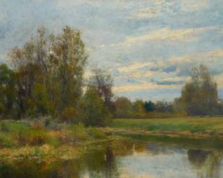 1179 Hugh Bolton Jones (1848-1927) "A Summer Landscape" Oil on canvas laid to canvas Signed lower left: H. Bolton Jones; titled on several gallery labels affixed to the frame's backing board 22" H x 32" W Estimate: $2,000 - $3,000