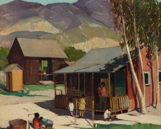 1013 Paul Sample (1896-1974) "Santa Paula Front Yard" Oil on canvas Signed lower right: Paul Sample; titled, signed, and inscribed on the stretcher bar: "Paul Sample / 135 Arroyo Verde Rd. / S. Pasadena - Calif." 20.25" H x 24.375" W Estimate: $4,000 - $6,000