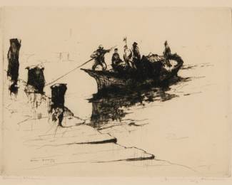 1087 Armin Carl Hansen (1886-1957) "Returning Fishermen," 1925 Etching in black ink on cream paper From the edition of unknown but presumably small size, only 7 impressions were located by White; first (only) state Signed and titled in pencil in the lower margin: Armin Hansen / imp.; signed again and dated "25" in the plate at lower left Plate: 6" H x 7.875" W; Sight: 6.5" H x 8.375" W Estimate: $600 - $800