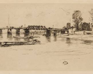 1070 James McNeill Whistler (1834-1903) "Chelsea," 1878-79 Etching and drypoint in black ink on cream laid paper From the combined total of 66 known impressions in all five states, fifth (final) state With the artist's shaded-wing butterfly signature in the plate at lower right Plate: 5.25" H x 8.25" W; Sheet: 8.875" H x 12.5" W Estimate: $600 - $800