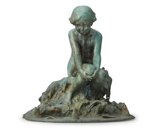 1094 Edward Berge (1876-1924) Girl with Fish fountain, 1914 Verdigris patinated bronze Signed and dated in the casting: E. Berge ©; foundry impressed: ROMAN BRONZE WORKS N.Y. 18.5" H x 18" W x 18.75" D Estimate: $3,000 - $4,000