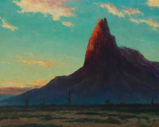1151 Dedrick Brandes Stuber (1878-1954) "Pichaco [sic] Peak, near Casa Grande, Arizona" Oil on Masonite Signed lower right: Dedrick B. Stuber; signed again, titled, and inscribed in pencil verso: "Pichaco [sic] Peak / near Casa Grande, Arizona / D.B. Stuber" 20.25" H x 30.25" W Estimate: $1,500 - $2,500
