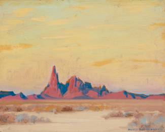 1152 Alfred Richard Mitchell (1888-1972) "Desert Castle" Oil on board Signed lower right: Alfred R. Mitchell; signed again, titled, and inscribed "San Diego, Cal" in pencil, verso; inscribed faintly by the artist's wife in pencil, verso: "# 553 / One is in Arizona / near Parker looking / across the Colorado / River into California / D. W. M." 7.75" H x 10" W Estimate: $800 - $1,200