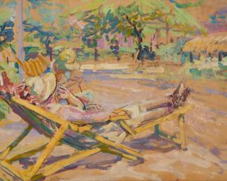1056 Joseph Raphael (1869-1950) A figure lounging in a garden Oil and charcoal on board Signed lower left, partially abraded: Joe Raph*el 20" H x 27.25" W Estimate: $3,000 - $5,000