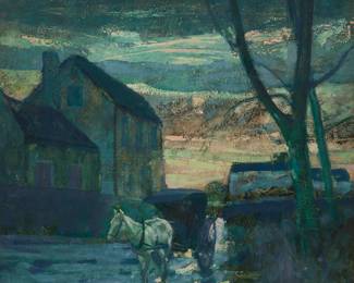 1180 Richard Emil Miller (1875-1943) Untitled (A horse and buggy in a village) Oil on canvas Signed lower right: Miller 20.25" H x 24.25" W Estimate: $2,000 - $3,000