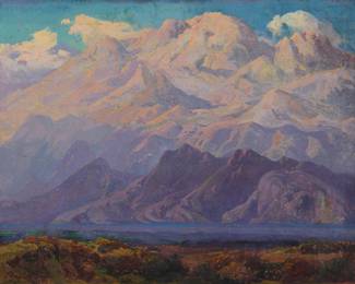1105 Fred Grayson Sayre (1879-1939) "Sunlit Peaks" Oil on canvas Signed lower left: F. Grayson Sayre; titled on the stretcher 24" H x 30" W Estimate: $3,000 - $5,000
