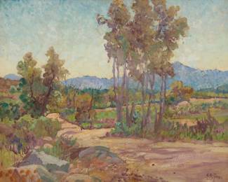 1024 Charles Arthur Fries (1854-1940) "Eucalyptus Near Alpine," 1927 Oil on canvas laid to waxed canvas Signed lower right: C.A. Fries; titled and numbered "#1325" from a photograph of the verso prior to relining (affixed to the frame's backing board); dated from a gallery label affixed to the frame's backing board 16.25" H x 20.25" W Estimate: $3,000 - $5,000