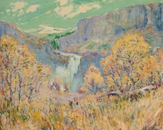 1100 William Henry Singer Jr. (1868-1943) Autumnal landscape with cascading waterfall, 1910 Oil on canvas Signed and dated lower right: W.H. Singer Jr. / 1910; signed again and inscribed, verso: "126 B. Montparnasse" 27.25" H x 32.25" W Estimate: $3,000 - $5,000