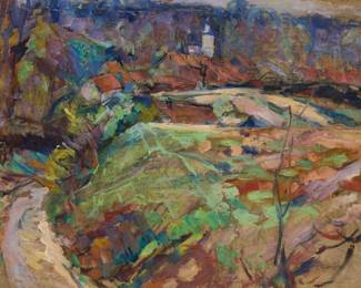 1057 Joseph Raphael (1869-1950) Uccle landscape Oil and traces of pencil on canvas laid to waxed canvas Signed lower right: Jos Raphael 27.75" H x 38" W Estimate: $2,000 - $3,000