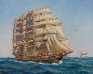1205 Hernando Villa (1881-1952) Clipper ship at sea Oil on canvas Signed lower left: Hernando / Villa 30" H x 40" W Estimate: $2,000 - $3,000