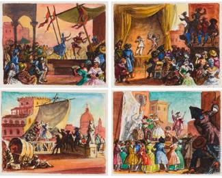 1060 Palmer Schoppe (1912-2001) Four works:  "Windy Day;" 1989 Watercolor and pencil on paper Signed and inscribed in the lower margin: Palmer Schoppe / 1-19-89; signed again, titled, dated, and inscribed "#682," all verso Image: 4.375" H x 5.5" W; Sheet: 6" H x 8.875" W  "Arlequino & Scapino," 1989 Watercolor and pencil on paper Signed and inscribed in the lower margin: Palmer Schoppe / 1-24-89; signed again, titled, dated, and inscribed "#685," all verso Image: 4.5" H x 5.625" W; Sheet: 6" H x 8.875" W  "Dancers," 1989 Watercolor and pencil on paper Signed and inscribed in the lower margin: Palmer Schoppe / 1-26-89; signed again, titled, dated, and inscribed "#686," all verso Image: 4.5" H x 5.625" W; Sheet: 6" H x 8.875" W  "On with the Show," 1989 Watercolor and pencil on paper Signed and inscribed in the lower margin: Palmer Schoppe / 1-29-89; signed again, titled, dated, and inscribed "#687," all verso Image: 4.5" H x 5.625" W; Sheet: 6" H x 8.875" W Estimate: $1,000 - $1,500