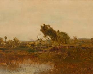 1178 Alexander Helwig Wyant (1836-1892) "Al Fresco in the Marsh" Oil on canvas laid to linen Signed lower right: A.H. Wyant; titled on a label affixed to the frame's backing board 20" H x 30" W Estimate: $3,000 - $5,000