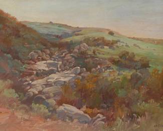 1108 Charles Arthur Fries (1854-1940) "Rocky Arroyo" Oil on canvas Signed lower right: C.A. Fries; titled and numbered "#407," verso 18" H x 23.75" W Estimate: $3,000 - $5,000