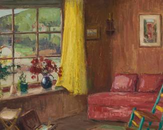 1064 Virginia Woolley (1884-1971) "As it Was - My Studio," 1984 Oil on board Signed and dated lower right: Virginia Woolley 1984; signed again on a partial label affixed verso; titled and inscribed in ink on the artist's studio label affixed verso: "615 Seaview / 'As it Was' - My Studio;" with additional figural sketches in charcoal, verso 15.875" H x 17.875" W Estimate: $1,000 - $2,000