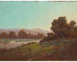 1029 Granville Redmond (1871-1935) "Near Parkfield, California," 1906 Oil on burlap laid to board Signed and indistinctly dated lower right: G. Redmond / 1906; titled by repute 17.5" H x 23.75" W Estimate: $5,000 - $7,000