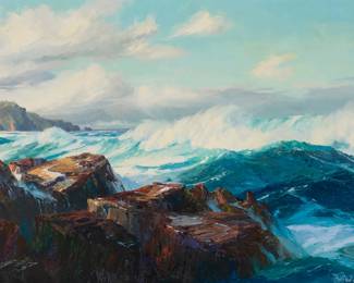 1214 Bennett Schroeder Bradbury (1914-1991) Waves crashing on rocks Oil on canvas Signed with an incised signature lower right: © Bennett Bradbury; with the artist's stamp verso 24" H x 36" W Estimate: $800 - $1,200