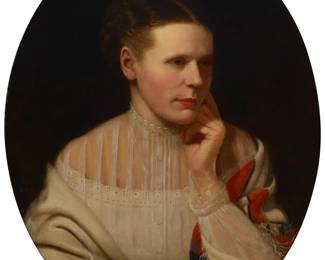 1163 Thomas Hill (1829-1908) Portrait of a Lady Oil on canvas laid to Masonite Signed in the black background, just below the figure's right shoulder: T. Hill Oval: 26.125" H x 21" W Estimate: $7,000 - $9,000
