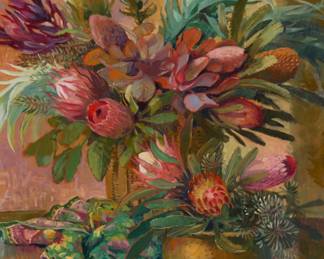 1034 Meredith Brooks Abbott (b. 1938) "Protea," 1992 Oil on canvas Signed lower left: M.B. Abbott; titled on a typed gallery label and dated "1992" in ink on that same label, which is affixed to the stretcher 48" H x 36" W Estimate: $5,000 - $7,000