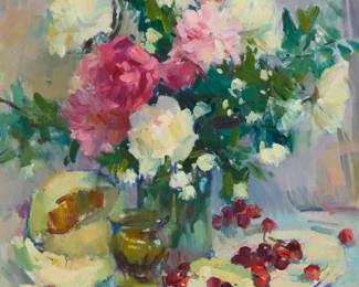 1035 Sergei Bongart (1918-1985) Still life with roses and cherries Oil on canvas Appears unsigned; the artist's address label is affixed to the frame's backing board 30" H x 30" W Estimate: $1,000 - $1,500