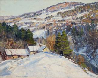 1173 George Gardner Symons (1861-1930) Winter landscape with houses Oil on canvas Signed lower left: Gardner Symons 20.25" H x 25.25" W Estimate: $1,000 - $2,000