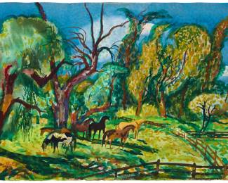 1200 Millard Owen Sheets (1907-1989) "Grazing Horses," 1973 Watercolor on Arches paper Signed and dated lower left: Millard Sheets / 1973; titled in pencil verso Image/Sheet: 15.25" H x 22.5" W Estimate: $2,000 - $3,000