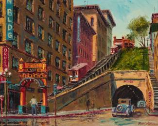 1190 Ben Abril (1923-1995) "Angels Flight Railway, Los Angeles, Circa 1937" Oil on canvas Signed lower right: Ben Abril; signed again and titled on the stretcher 16" H x 20" W Estimate: $2,500 - $3,500