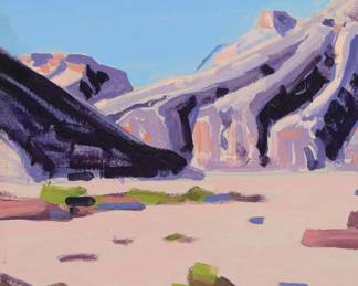 1140 Conrad Buff (1886-1975) "Sand and Sky" Oil on board Estate signed lower right: Conrad Buff; the estate ink stamp with signature by Mary Elizabeth Buff, and titled on a label, both affixed to the backing board 16.25" H x 12.25" W Estimate: $1,500 - $2,000