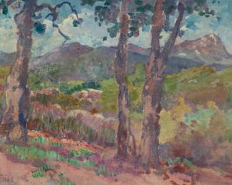 1023 Charles Arthur Fries (1854-1940) "Oaks Near Mussey Grade," 1930 Oil on canvas Signed lower left: C.A. Fries; titled, "Oaks near Muzzey [sic] Grade," dated "Feb 1930," and numbered "#1407," all in ink, verso 10" H x 14" W Estimate: $3,000 - $5,000