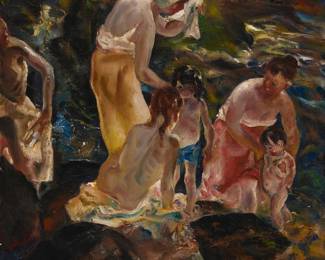1043 John Edward Costigan (1888-1972) "Bathers," 1939 Oil on canvas Signed lower right: J.E. Costigan; signed, titled, dated, and inscribed on a label, and again on a gallery label, each affixed to the frame's verso: "John E. Costigan / 1939 / Orangeburg, N.Y." 30" H x 30.125" W Estimate: $3,000 - $5,000