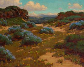 1014 John Marshall Gamble (1863-1957) "Bush Lupine, Seaside" Oil on board Signed lower left: John M. Gamble; signed, titled, and inscribed all verso: "John M. Gamble / Santa Barbara / Cal." 18.25" H x 24.25" W Estimate: $12,000 - $18,000