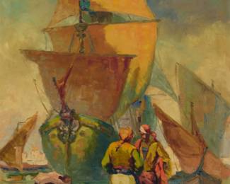 1203 Theodore Jackman (1878-1940) Pirates in a harbor Oil on canvas Signed lower left: Theodore Jackman 30" H x 24.5" W Estimate: $1,000 - $1,500