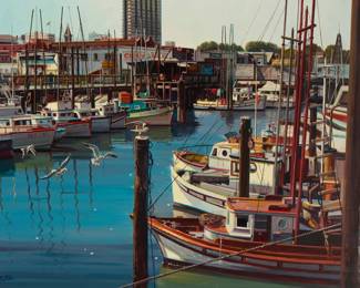 1206 Filastro Mottola (1915-2008) "Fisherman's Wharf, San Francisco" Oil on board Signed lower left: Mottola; titled in yellow paint and again in ink on a label, both verso 29.5" H x 39.5" W Estimate: $1,500 - $2,500