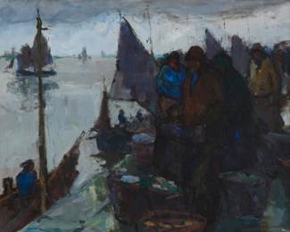 1082 Armin Carl Hansen (1886-1957) "Return of the Fishing Fleet" Oil on board Signed lower right: Armin Hansen; with an oil sketch of a sailboat on the verso; titled by repute 20" H x 24" W Estimate: $30,000 - $50,000