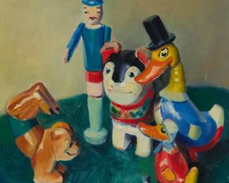 1046 Mabel Alvarez (1891-1985) "Performing Dog," 1929 Oil on canvas Signed lower left: Alvarez; signed again, titled, and inscribed with with the artist's Los Angeles, CA address, all in pencil on an old label attached to the stretcher; dated on a typed gallery label affixed to the frame's verso 16.25" H x 16.25" W Estimate: $2,000 - $3,000