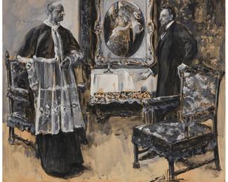1053 Albert Beck Wenzell (1864-1917) A gentleman talking to a priest in a parlor; A seated lady and gentleman (double-sided) Gouache en grisaille on thin paper board Signed lower right recto: AB Wenzell; signed lower left verso: AB Wenzell 26.25" H x 32" W Estimate: $2,000 - $3,000
