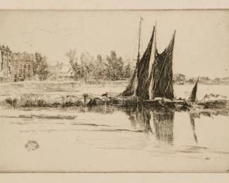 1068 James McNeill Whistler (1834-1903) "Hurlingham," 1879 Etching and drypoint on cream laid paper From the combined total of 49 known impressions in all four states; fourth (final) state With the artist's shaded-wing butterfly signature in the plate at lower left Plate: 5.5" H x 8" W; Sheet: 8.75" H x 11.5" W Estimate: $700 - $1,000