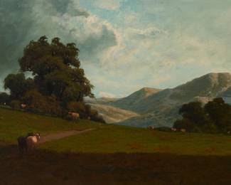 1110 Ransome Gillet Holdridge (1836-1899) Landscape with cows Oil on canvas laid to waxed canvas Signed lower left: R.G. Holdridge 20.25" H x 36" W Estimate: $800 - $1,200