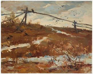 1106 Sergei Bongart (1918-1985) Crows in an early Spring landscape Oil on Masonite Signed lower left: Sergei Bongart; inscribed "112" in black, verso 24" H x 30.125" W Estimate: $800 - $1,200