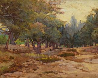 1022 Charles Arthur Fries (1854-1940) Hills behind San Diego Oil on canvas laid to artist's board Signed twice lower right: C.A. Fries 10.5" H x 14.75" W Estimate: $3,000 - $5,000
