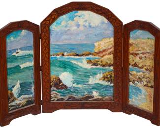 1075 An oil painted wood triptych screen depicting a California coastal scene Unsigned Center panel: 38.75" H x 27.5" W x 1.25" D; Side panels: 33.375" H x 18.25" W x 1.25" D (each) Estimate: $1,000 - $1,500