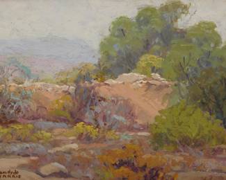 1003 Sam Hyde Harris (1889-1977) "Yesterday" Oil on board Signed with the estate stamp lower left: Sam Hyde / Harris; with the black ink stamped estate statement signed by Maurine St. Gaudens, the estate inventory number, 02-036, and the title in another hand, all verso 12" H x 16" D Estimate: $2,000 - $3,000