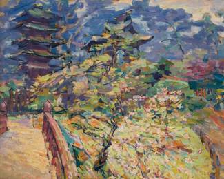 1077 Joseph Raphael (1869-1950) "Pagodas in the Japanese Tea House, Golden Gate Park" (San Francisco, California), circa 1940-45 Oil on canvas laid to waxed canvas Unsigned; titled by repute 28.125" H x 35.25" W Estimate: $4,000 - $6,000