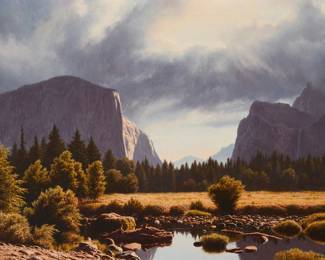 1144 James Fetherolf (1925-1994) "Yosemite Meadow" Oil on canvas Signed lower right: Fetherolf; titled on the frame's backing paper; with the artist's copyright ink stamp, verso 18.25" H x 24.125" W Estimate: $3,000 - $5,000