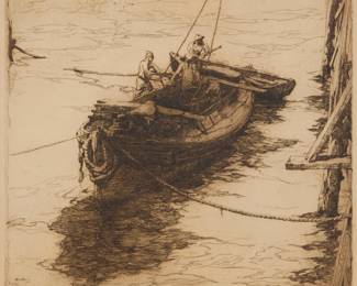 1083 Armin Carl Hansen (1886-1957) "The Sardine Barge," 1922 Etching in brown ink on cream laid Arches paper From the edition of unknown but presumably small size, only 26 impressions were located by White; second (final) state Signed and titled in pencil in the lower margin: Armin Hansen; signed again and dated "22" in the lower left corner of the plate; inscribed in pencil near the tip of the lower left margin corner, possibly in another hand: "# / 50" Plate: 12.75" H x 14.75" W; Sheet: 16" H x 19.5" W Estimate: $3,000 - $5,000