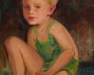 1048 Jean Mannheim (1863-1945) Portrait of a young boy in green overalls Oil on canvas laid to Masonite Signed lower right: J. Mannheim 22.125" H x 17.625" W Estimate: $800 - $1,200