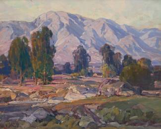 1004 Hanson Duvall Puthuff (1875-1972) "Spreading Valley" Oil on Masonite Signed lower left: H. Puthuff; signed again and titled in green paint verso; inscribed in pencil on the frame's verso, in another hand: "Festival of arts assoc." 15.75" H x 19.75" W Estimate: $3,000 - $5,000