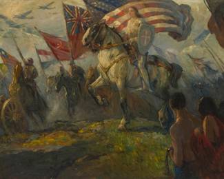 1162 William Ritschel (1864-1949) "The Crusade" Oil on canvas Signed lower right: W. Ritschel; titled in black paint on the verso; alternatively and partially indistinctly titled and inscribed in pencil on the stretcher, likely in another hand: "Onward to Crus[***?] and "For N. Arts Club" 48.75" H x 65.75" W Estimate: $6,000 - $8,000